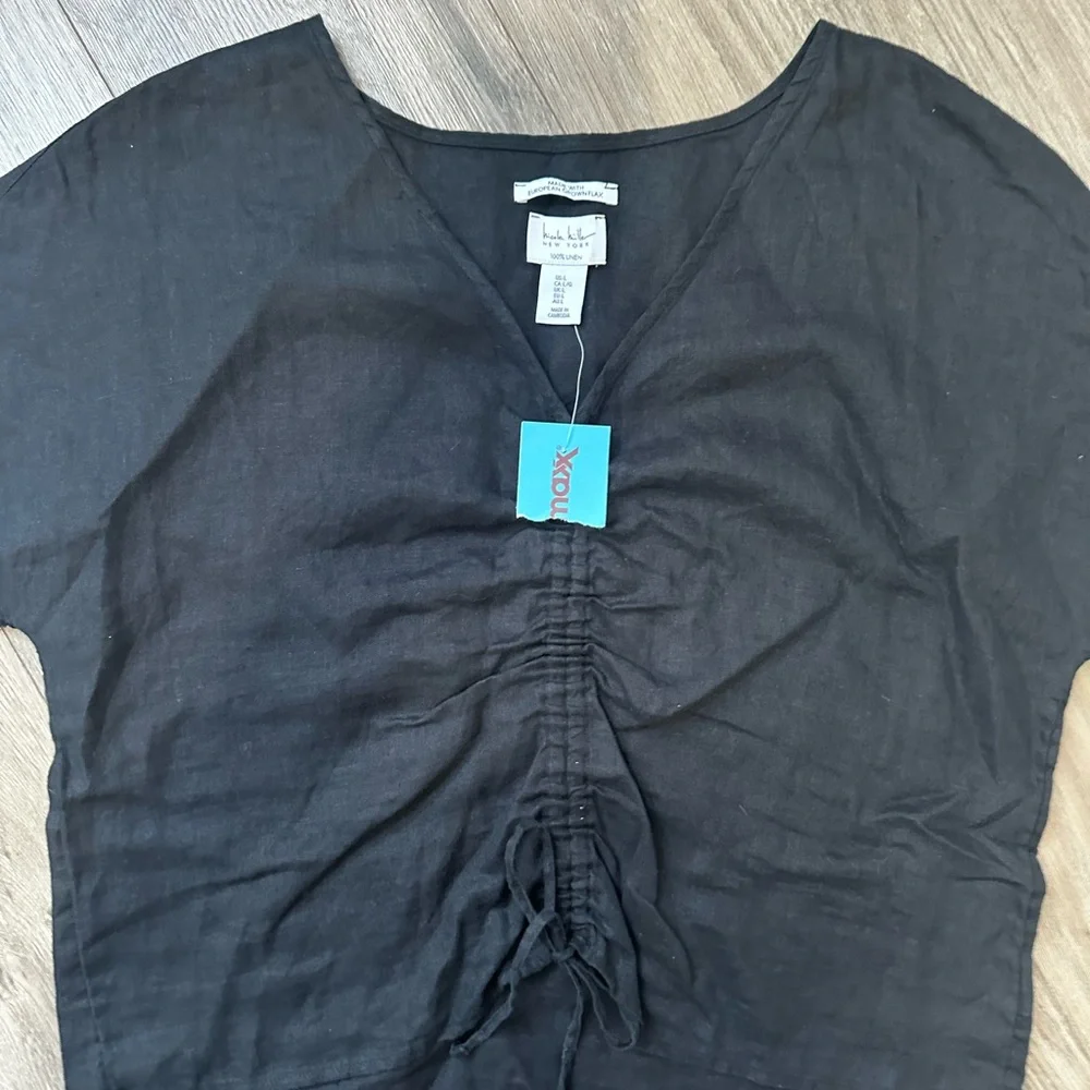 100% Black Linen Nicole Miller Black V-Neck Ruched Drawstring Top Shirt NWT - Picture 2 of 8